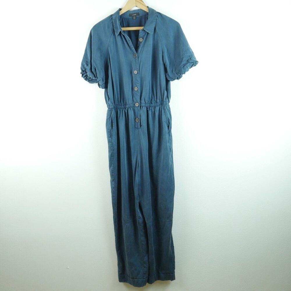 J Crew Drapey Jumpsuit Size 8 Puff Sleeve Utility Blue Minimal Capsule NO BELT